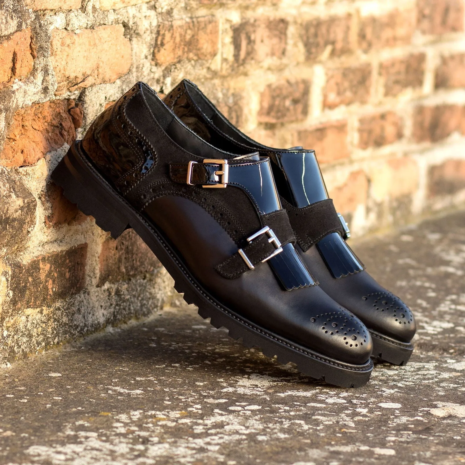 Women's Kiltie Monk Strap Leather Shoes Black 5751
